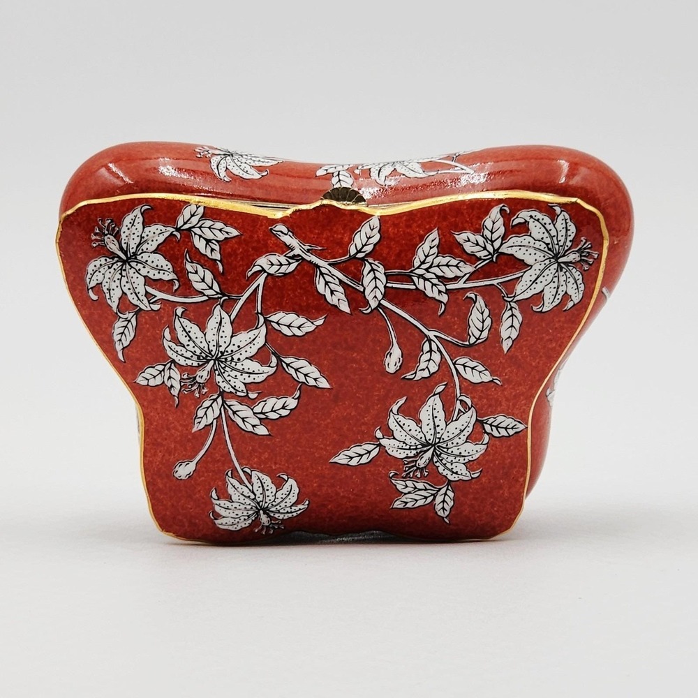 Vintage Butterfly-Shaped Porcelain Trinket Box Reddish Orange Floral Ardalt 7467
